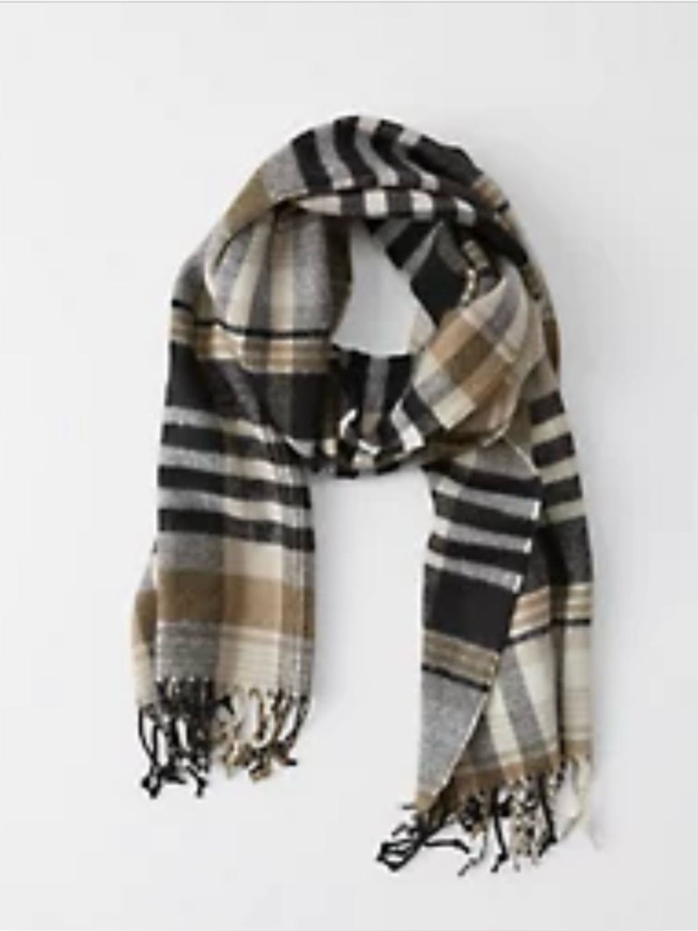 Abercrombie & Fitch Plaid Fringe Scarf in Black, Brown, Cream